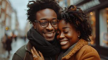 ai generado sonriente hombre y mujer en nieve foto