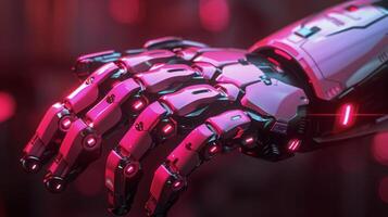 AI generated Robot Hand Illuminated by Red Lights photo