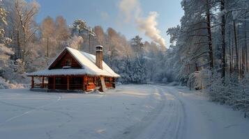 AI generated Cabin in the Mountains With Smoke photo