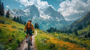 ai generado hombre montando bicicleta abajo suciedad la carretera foto