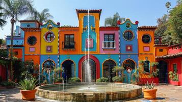 AI generated Colorful Building With Fountain photo