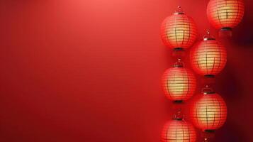 AI generated Chinese lanterns on a minimalistic red background. Lots of free space for text in the center photo