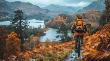 ai generado hombre montando bicicleta abajo sendero siguiente a lago foto