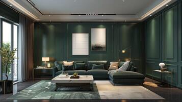 AI generated Modern minimalist living room in classic style. Dark green and gold tones photo