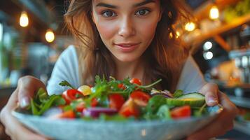 AI generated Woman Sitting at Table With Plate of Food photo