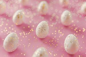 AI generated miniature white eggs on pastel pink background photo