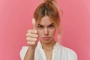 ai generado escéptico aprobación con mujer en rosado antecedentes foto