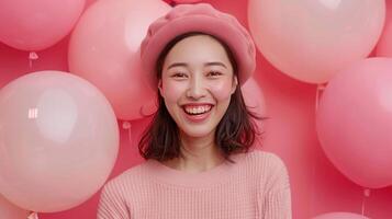ai generado alegre asiático mujer con rosado globos foto