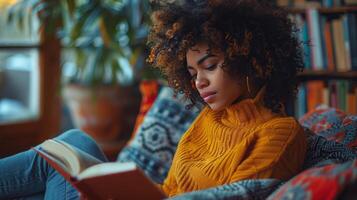 AI generated Woman Sitting on a Couch Reading a Book photo