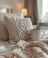 AI generated crocheted pillow and mug on bed in background photo