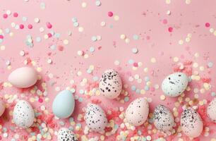 AI generated colorful eggs and confetti set on a pink background photo