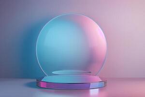 AI generated podium platform in blue and pink gradient, featuring an empty display with a circular glass backdrop photo