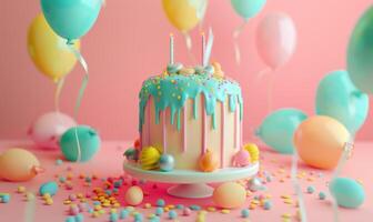 ai generado un vistoso cumpleaños pastel en rosado antecedentes con globos foto