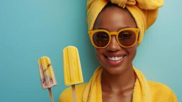 AI generated Joyful Woman with Popsicles and Summer Vibes photo