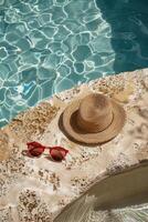 ai generado un sombrero, Gafas de sol, y rojo Gafas de sol laico en el borde de un piscina foto