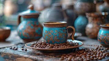 AI generated Coffee Cup and Saucer With Coffee Beans on Table photo