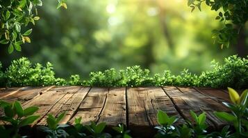 AI generated Empty Wooden Table With Garden Background photo