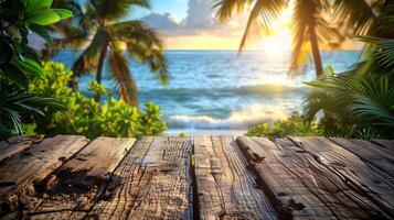 AI generated Empty Wooden Table With Sea Background photo