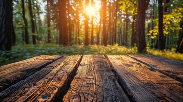 AI generated Empty Wooden Table With Garden Background photo