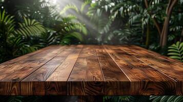 AI generated Empty Wooden Table With Garden Background photo