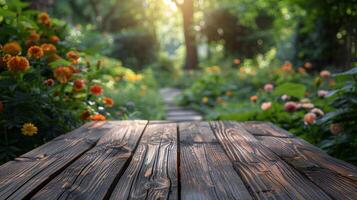 AI generated Empty Wooden Table With Garden Background photo