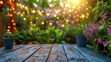 ai generado vacío de madera mesa con jardín antecedentes foto