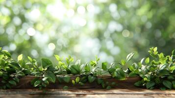 AI generated Empty Wooden Table With Garden Background photo