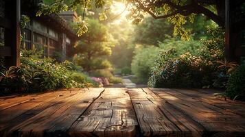 AI generated Empty Wooden Table With Garden Background photo