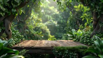 AI generated Empty Wooden Table With Garden Background photo