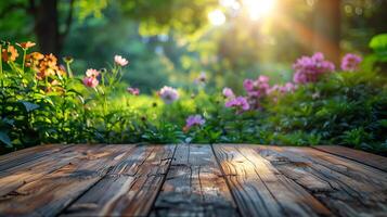 AI generated Empty Wooden Table With Garden Background photo