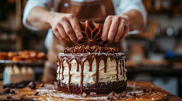 AI generated White Cake With Chef Hand Background photo