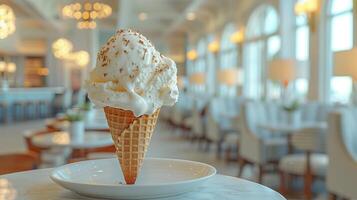 ai generado hielo crema cono a moderno restaurante antecedentes foto