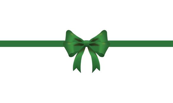 Green bow and horizontal ribbon realistic shiny satin with shadow for decorate your christmas card or website vector EPS10 isolated on white background.