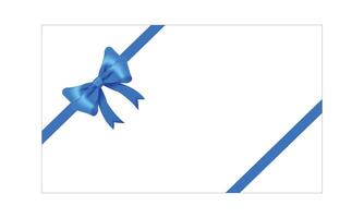 Blue bow realistic shiny satin and ribbon place on corner of paper with shadow for decorate your wedding card,website or gift card,vector EPS10 isolated on white background. vector