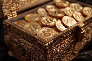 AI generated Bitcoin In The Treasure Chest Background photo