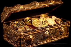 AI generated Bitcoin In The Treasure Chest Background photo