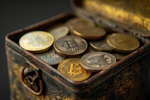 AI generated Bitcoin In The Treasure Chest Background photo