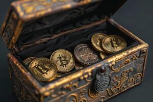 AI generated Bitcoin In The Treasure Chest Background photo