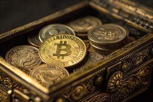 AI generated Bitcoin In The Treasure Chest Background photo