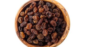 AI generated Raisins in a wooden bowl photo