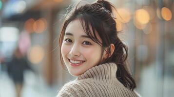 AI generated A radiant Korean woman in a cozy sweater, enveloped by the soft glow of winter lights photo