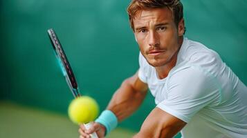 ai generado hombre participación tenis raqueta en tenis Corte foto