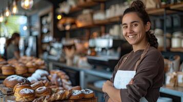 ai generado un hembra panadero y emprendedor, el propietario de un puesta en marcha pequeño negocio, es en la foto a el mostrador de su panadería