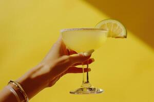 AI generated a person is presenting a margarita with a hand on a yellow background photo