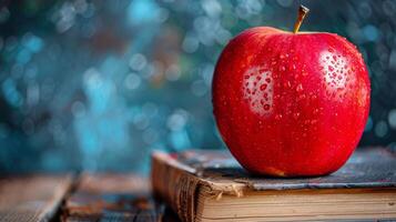 ai generado rojo manzana en de madera mesa foto