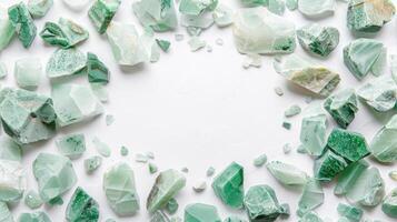 AI generated Aventurine pieces scattered on a white background with empty space in the center photo