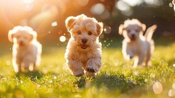 ai generado cachorros fiesta y caída en un soleado herboso césped foto