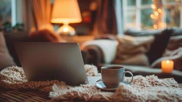 ai generado un taza de café junto a un ordenador portátil en un café mesa foto