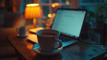 ai generado un taza de café junto a un ordenador portátil en un café mesa foto