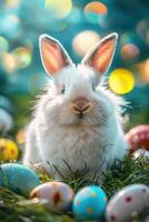 AI generated Easter background with a white fluffy bunny sitting in the green grass photo